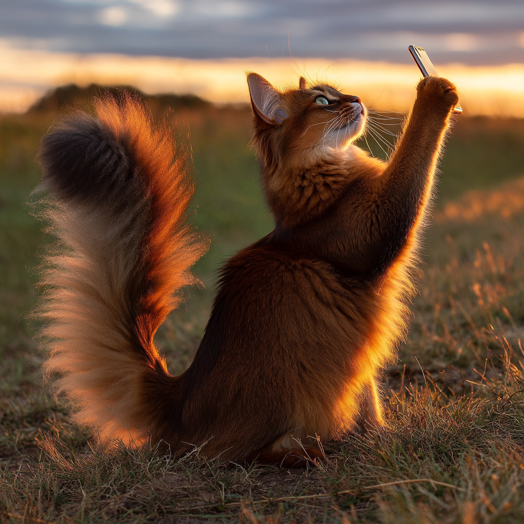 Un encantador gato somalí está tomando un selfie, con pelaje vibrante y luz suave.