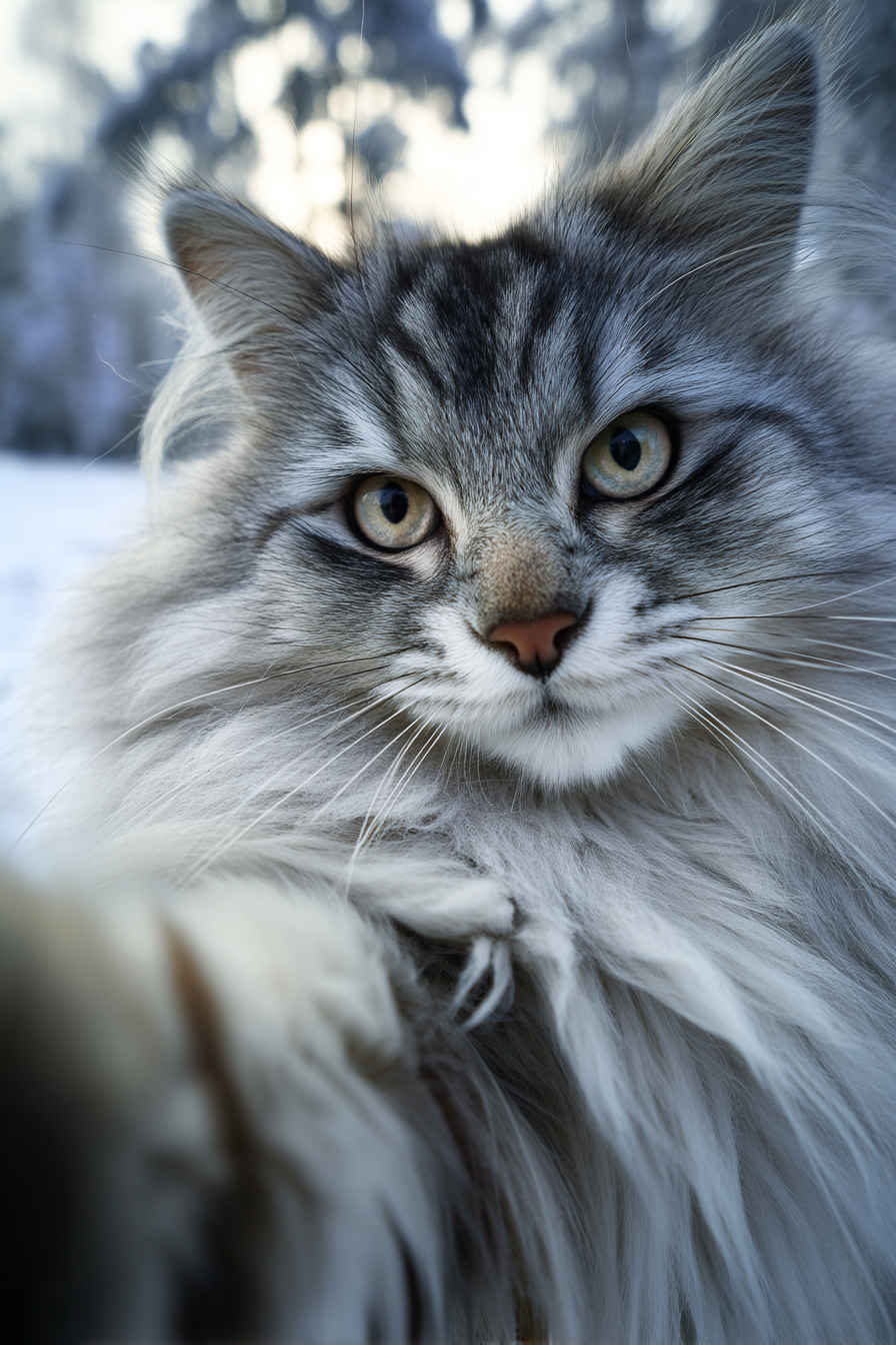 Una selfie de un gato siberiano esponjoso en un entorno al aire libre nevado con fotografía realista y ojos intensos.
