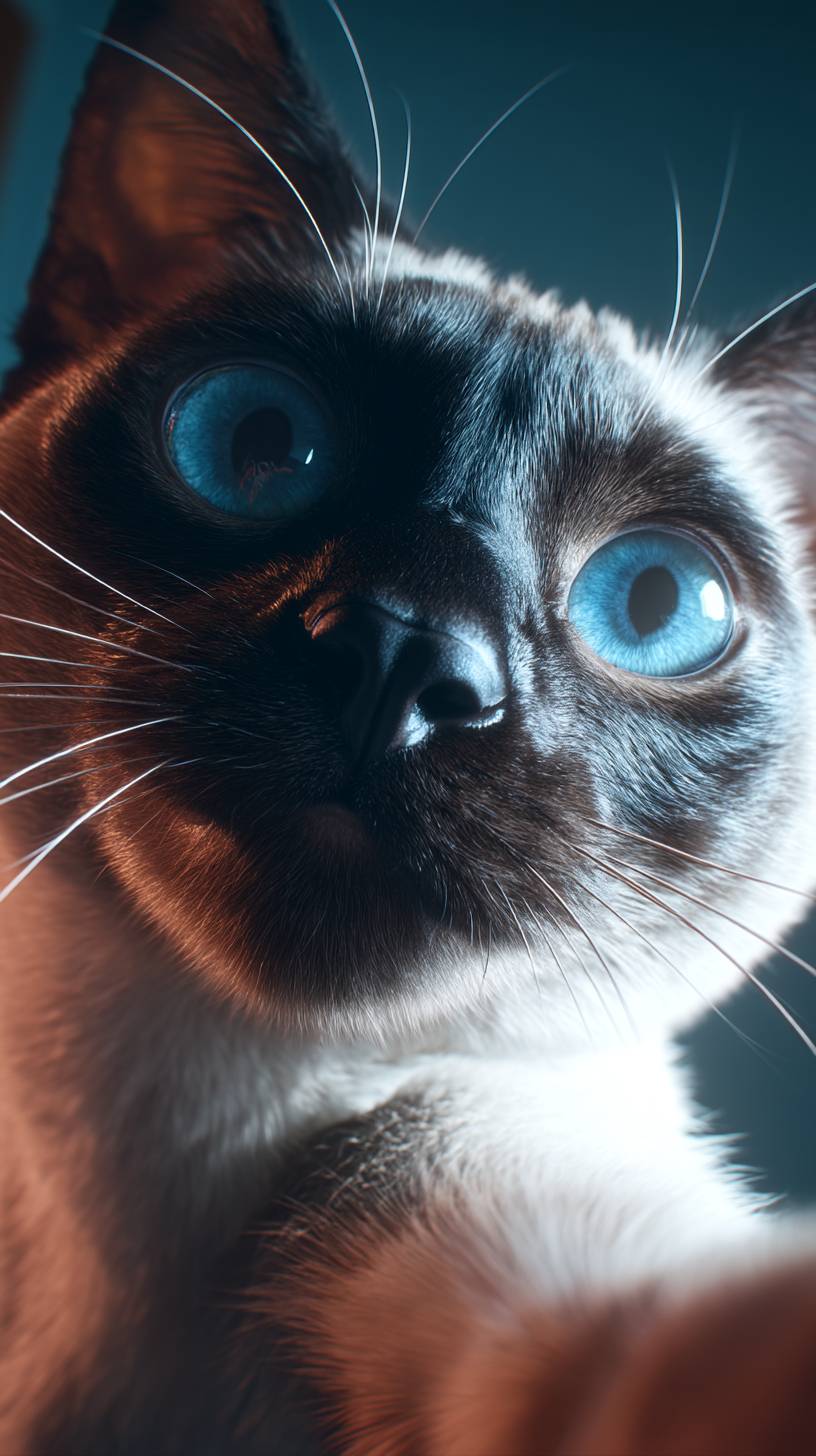 Charmant chat siamois prenant un selfie avec des yeux bleus intenses.