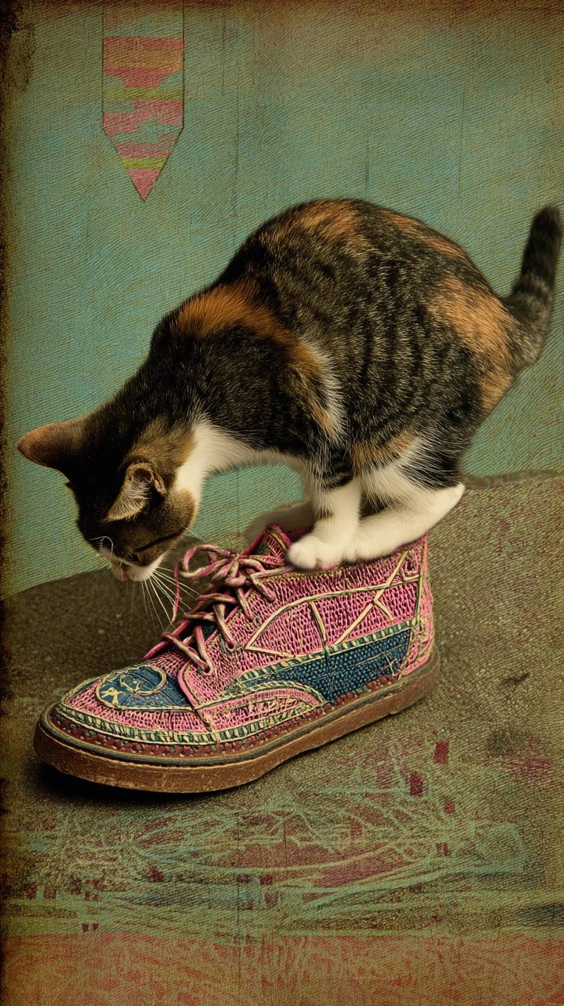 Un chat calico curieux renifle une chaussure.