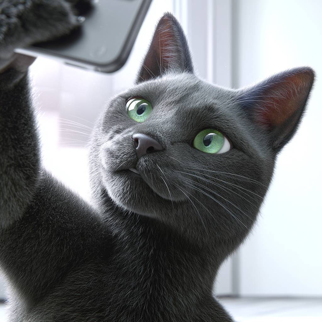 Un encantador gato ruso azul tomándose una selfie en un ambiente interior minimalista.