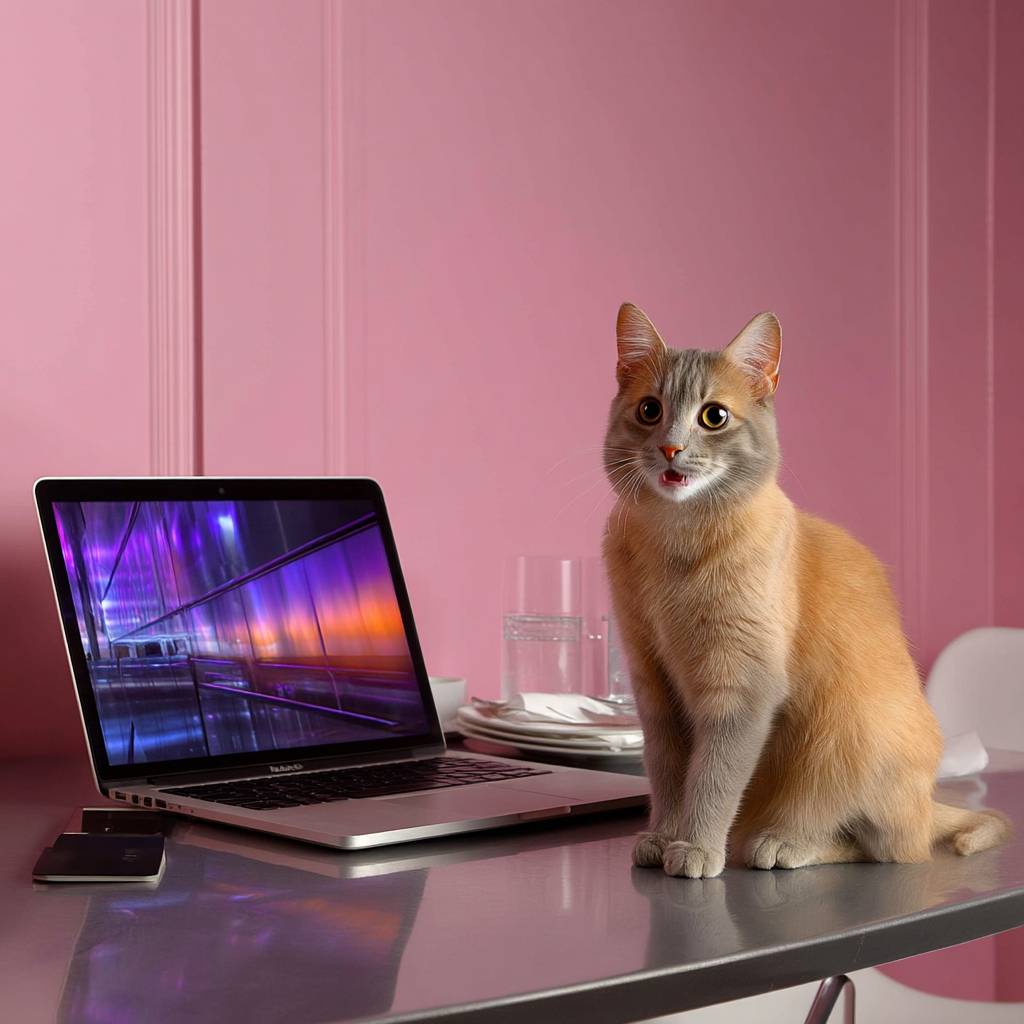 Un gato callejero sorprendido y divertido mira la pantalla de una computadora en un fondo minimalista de paredes rosa pastel.