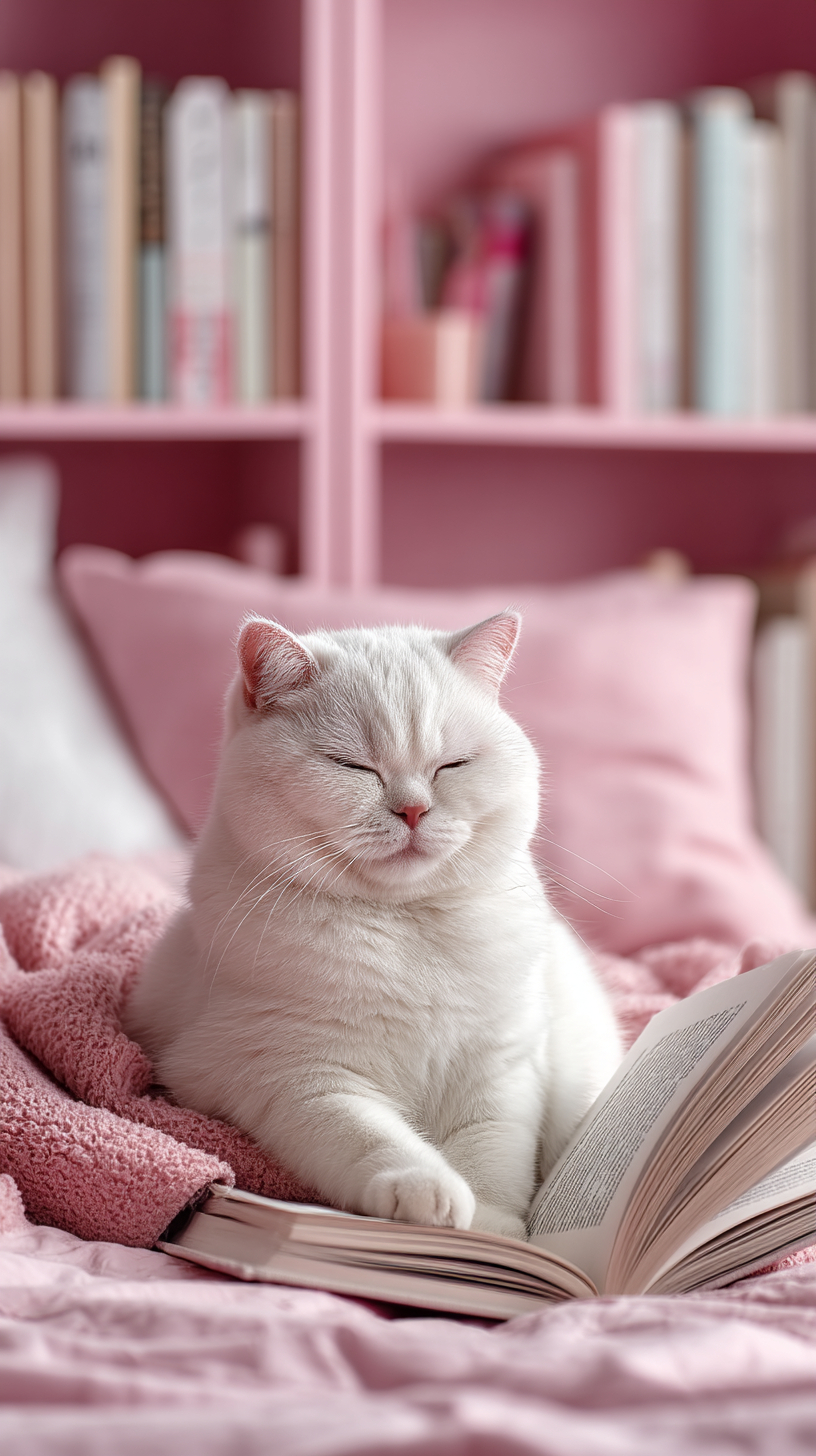 A cute silver-white British Shorthair cat is smiling while reading a book in a pink and white bedroom.