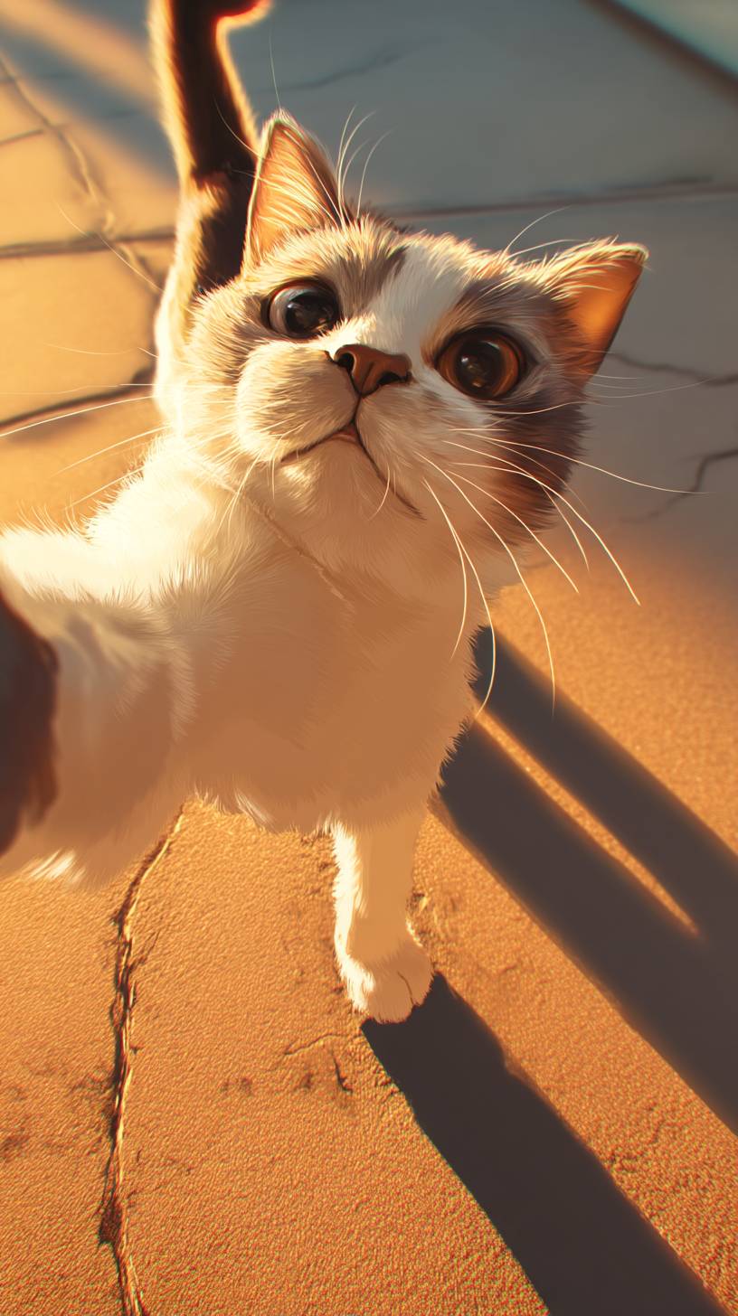 Un chat Munchkin espiègle prenant un selfie sous la chaleur du soleil, avec une expression curieuse.