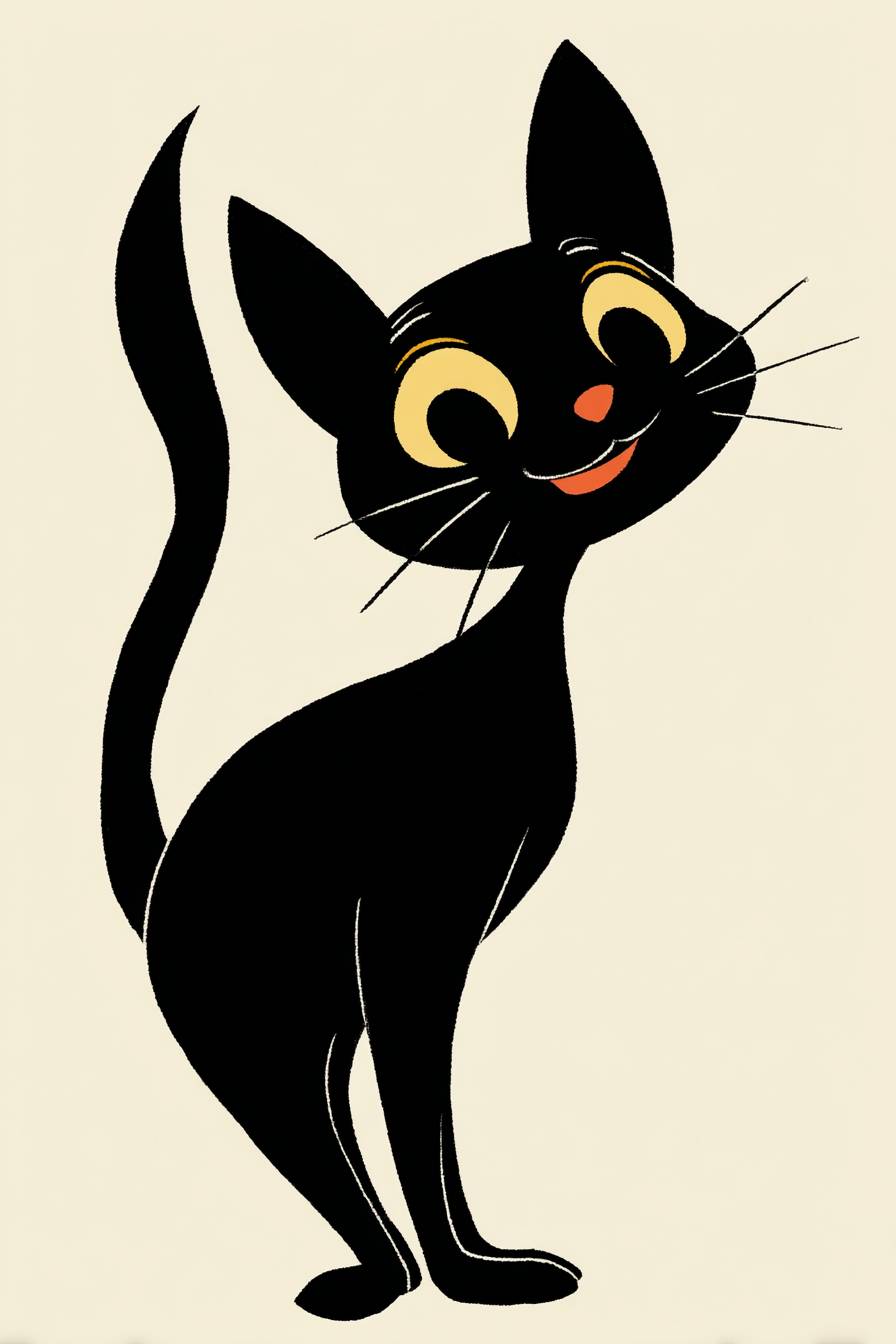 Dibujo de un gato negro sobre fondo blanco, en estilo kawaii japonés de los años 80, mostrando una vida maravillosa y feliz.
