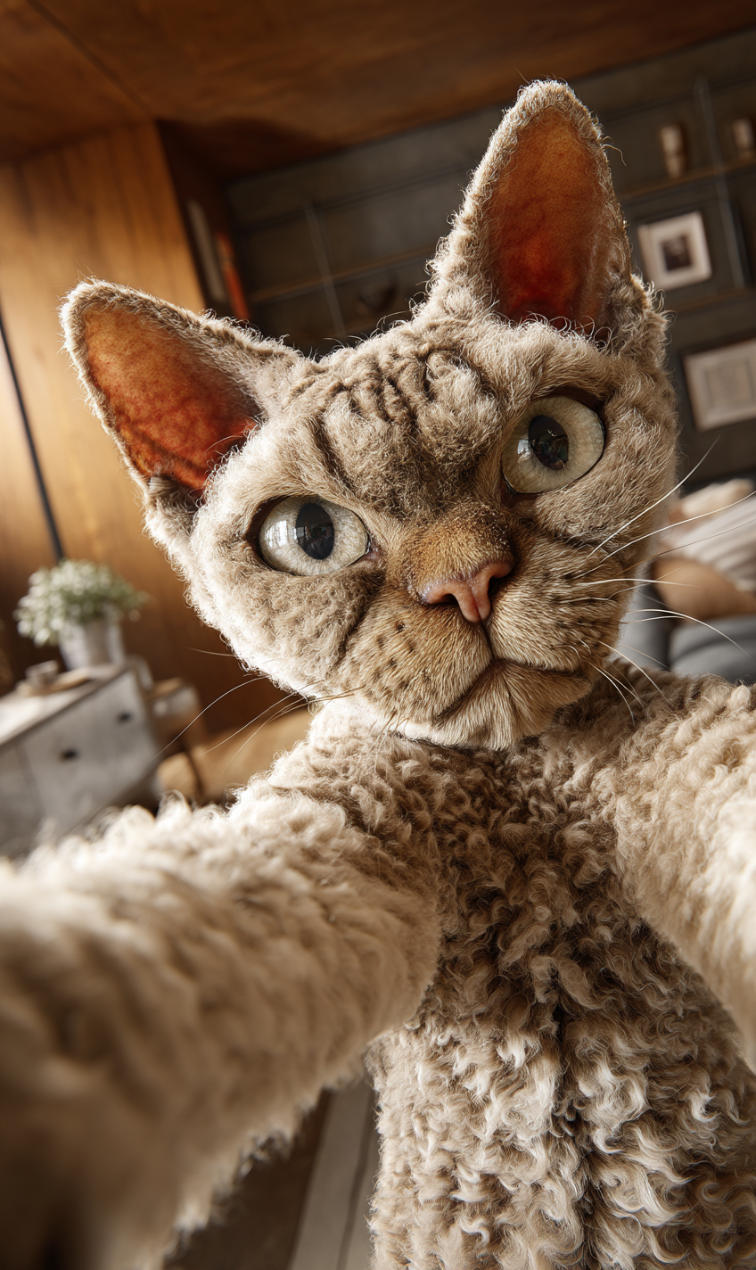 Un juguetón gato Devon Rex tomando una selfie en un ambiente acogedor.