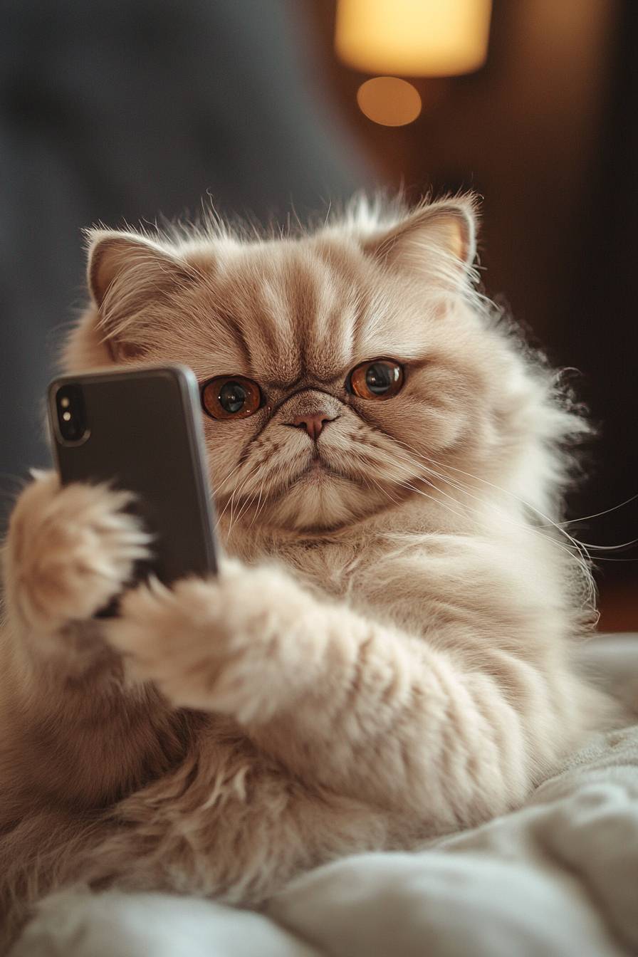 Eine elegante Perserkatze macht ein Selfie, mit weichem Fell und warmem Licht drinnen.