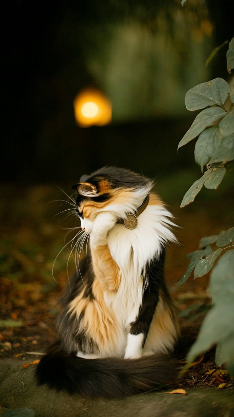Un doux chat Calico est en train de se toiletter.