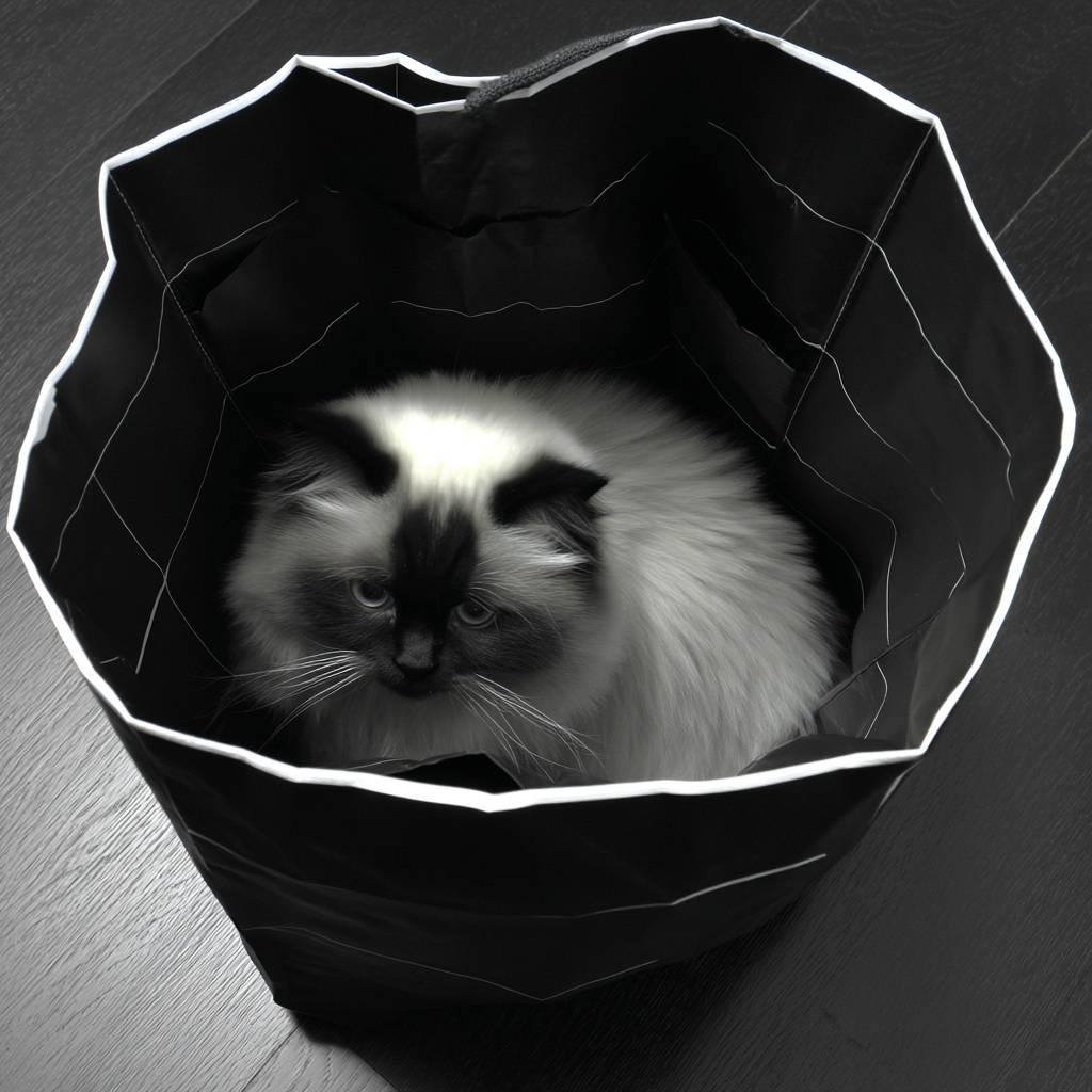 Un gato Himalayo esponjoso se esconde en una bolsa
