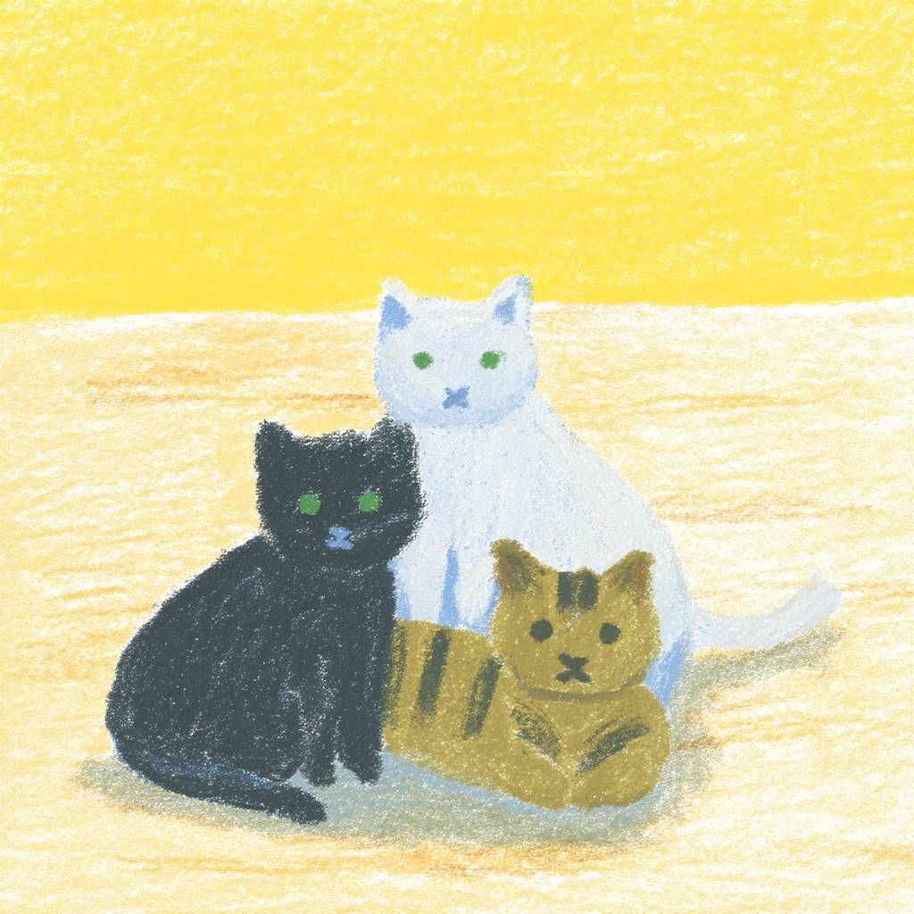三匹のかわいい猫が一緒に座っている、黒猫、白猫、タビー猫がいる温かいシーン。