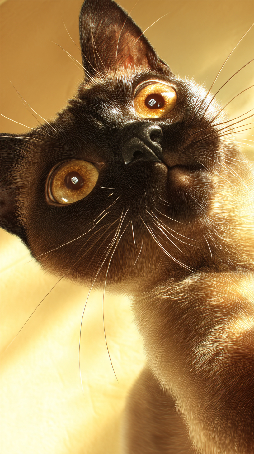 Un gato birmano juguetón tomando un selfie, con pelaje brillante y ojos ámbar, fondo de luz solar cálida.