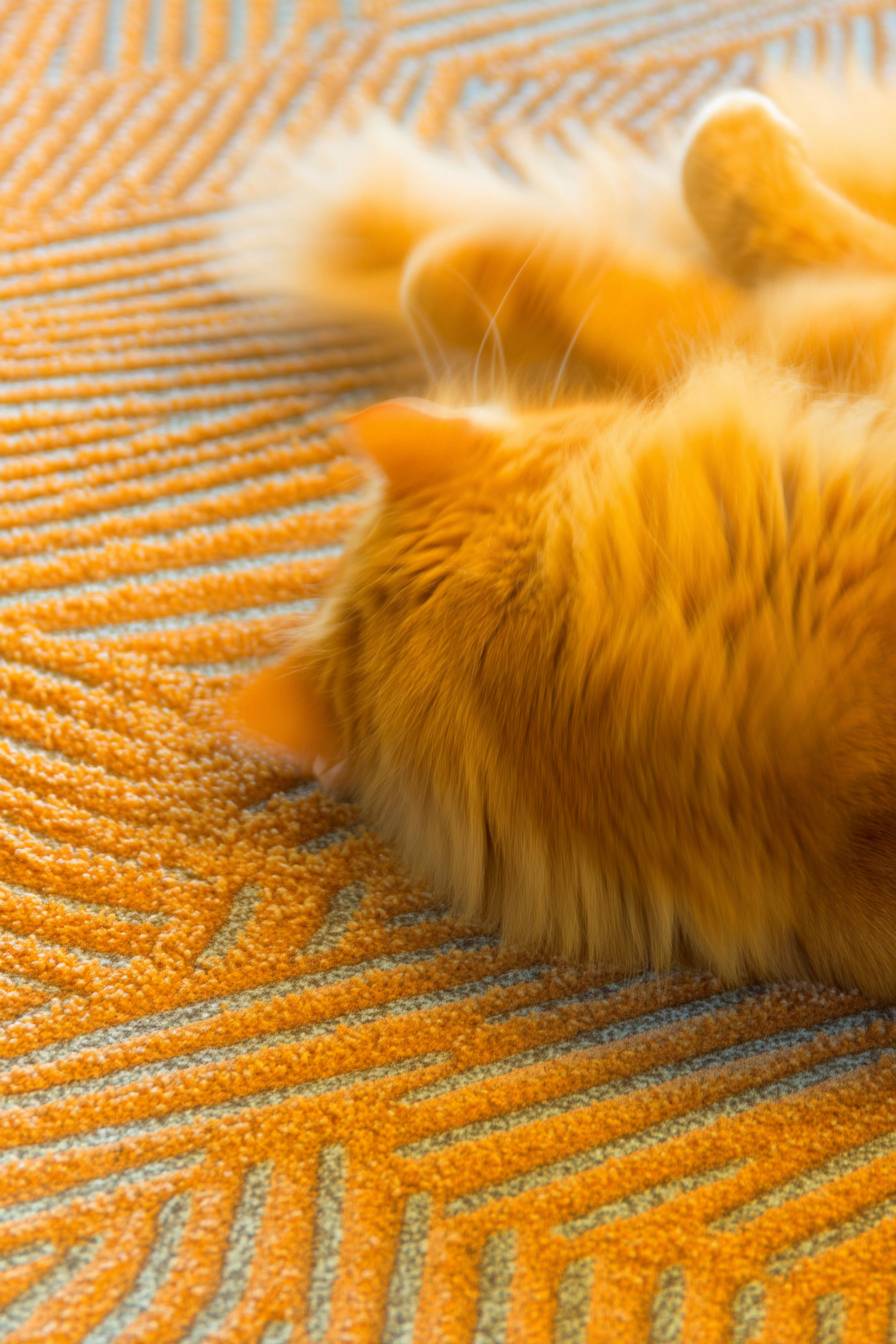Eine flauschige orange Katze rollt glücklich