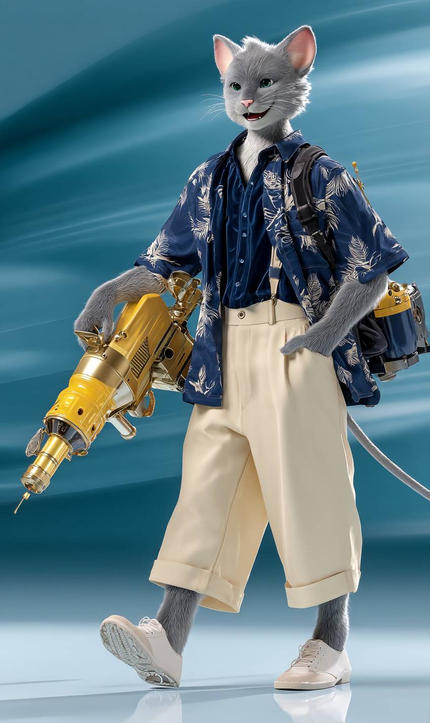Un gato antropomórfico feliz con camisa hawaiana azul y pantalones cortos beige sostiene una pistola de agua amarilla.