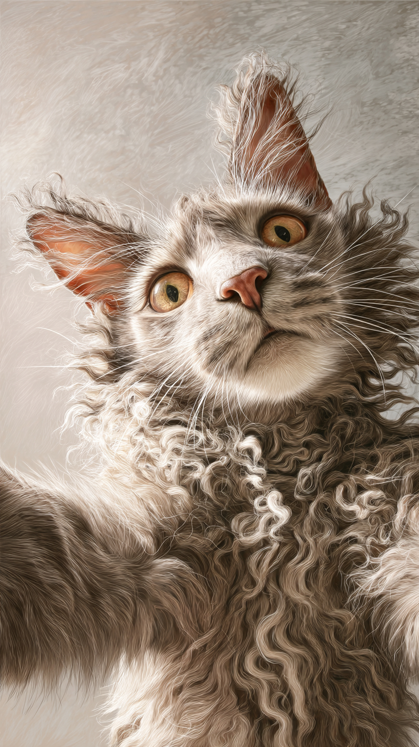Un juguetón gato LaPerm tomando una selfie, mirada curiosa, fondo de suaves pasteles.