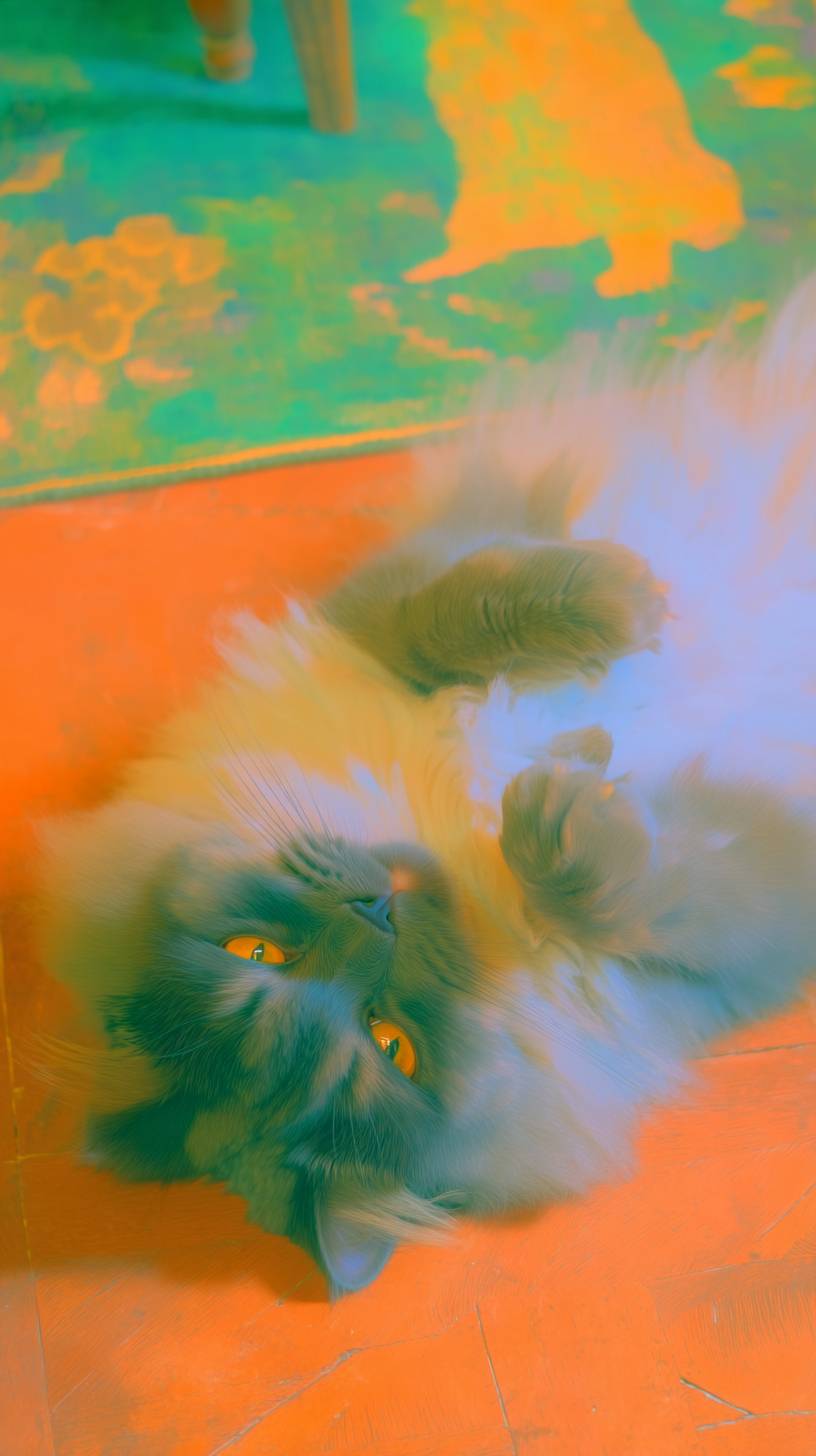 Un gato persa esponjoso rueda por el suelo