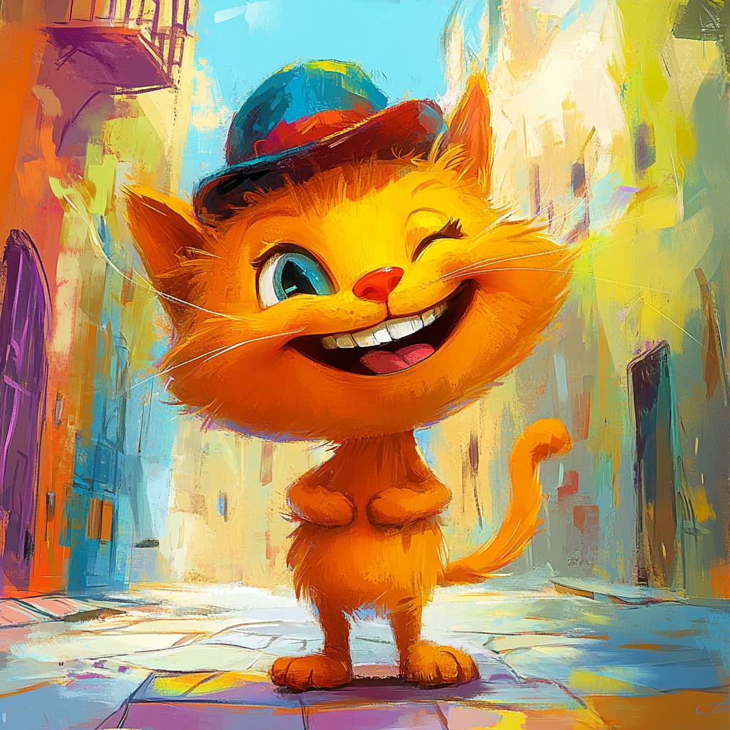 Un alegre gato de dibujos animados naranja con un pequeño sombrero en un mundo animado colorido.