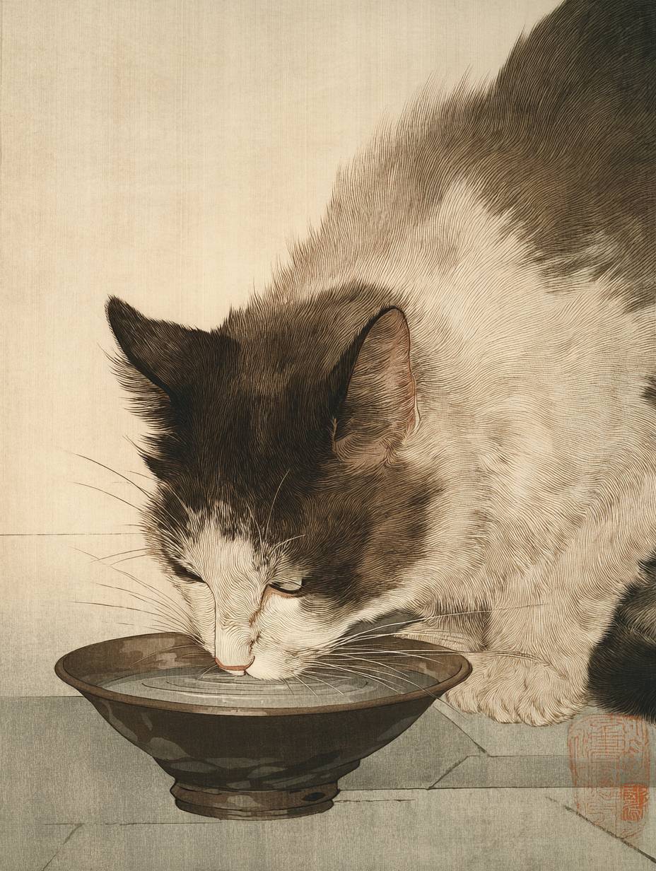 Una impresión en madera representa a un gato bebiendo agua de un tazón de metal, mostrando un pelaje detallado y un fondo minimalista, encarnando el arte japonés elegante.