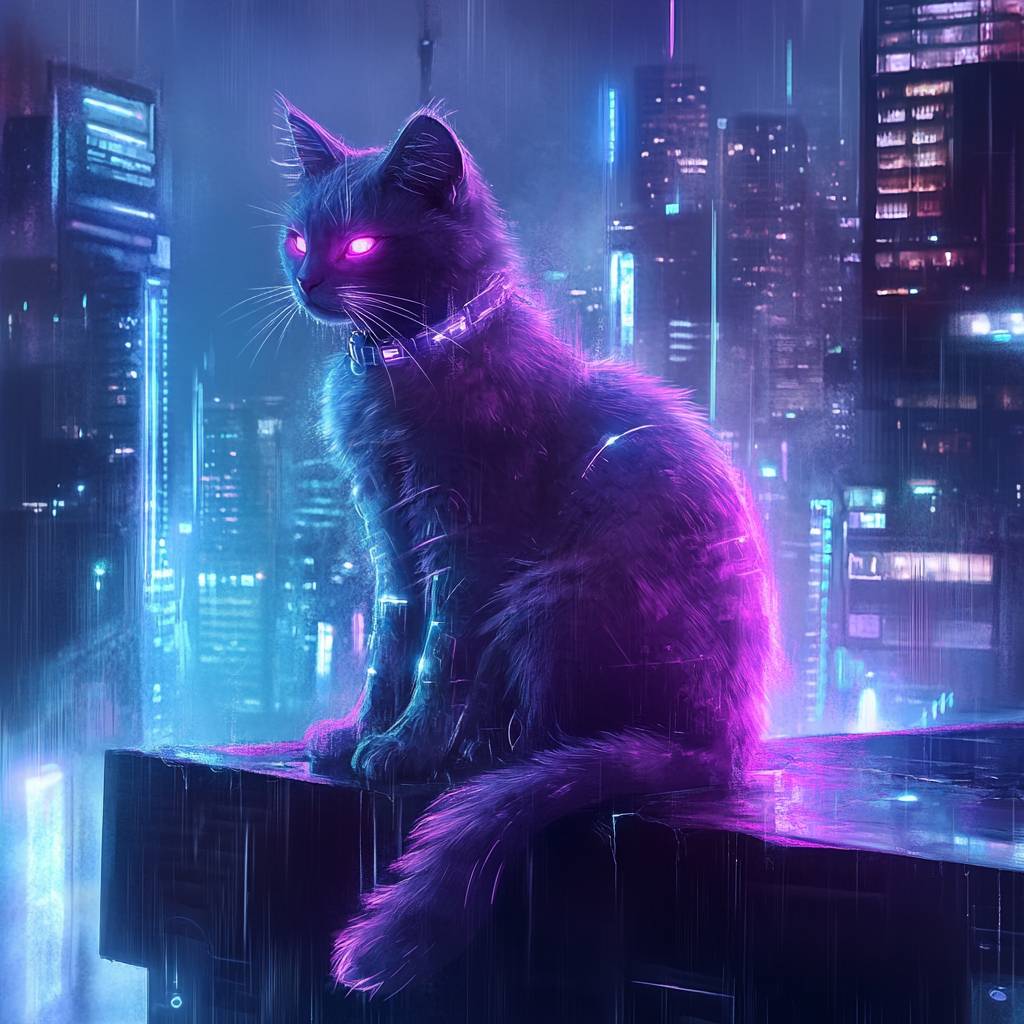 Un gato futurista con pelaje brillante se sienta en una azotea de la ciudad lluviosa, evocando una estética cyberpunk.
