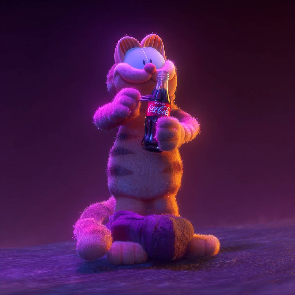 Un lindo gato Garfield está bebiendo cola.