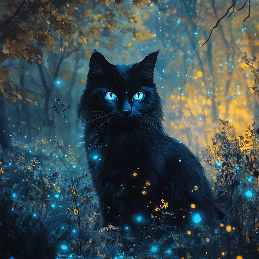 Um gato preto com olhos azuis brilhantes em uma floresta mística.