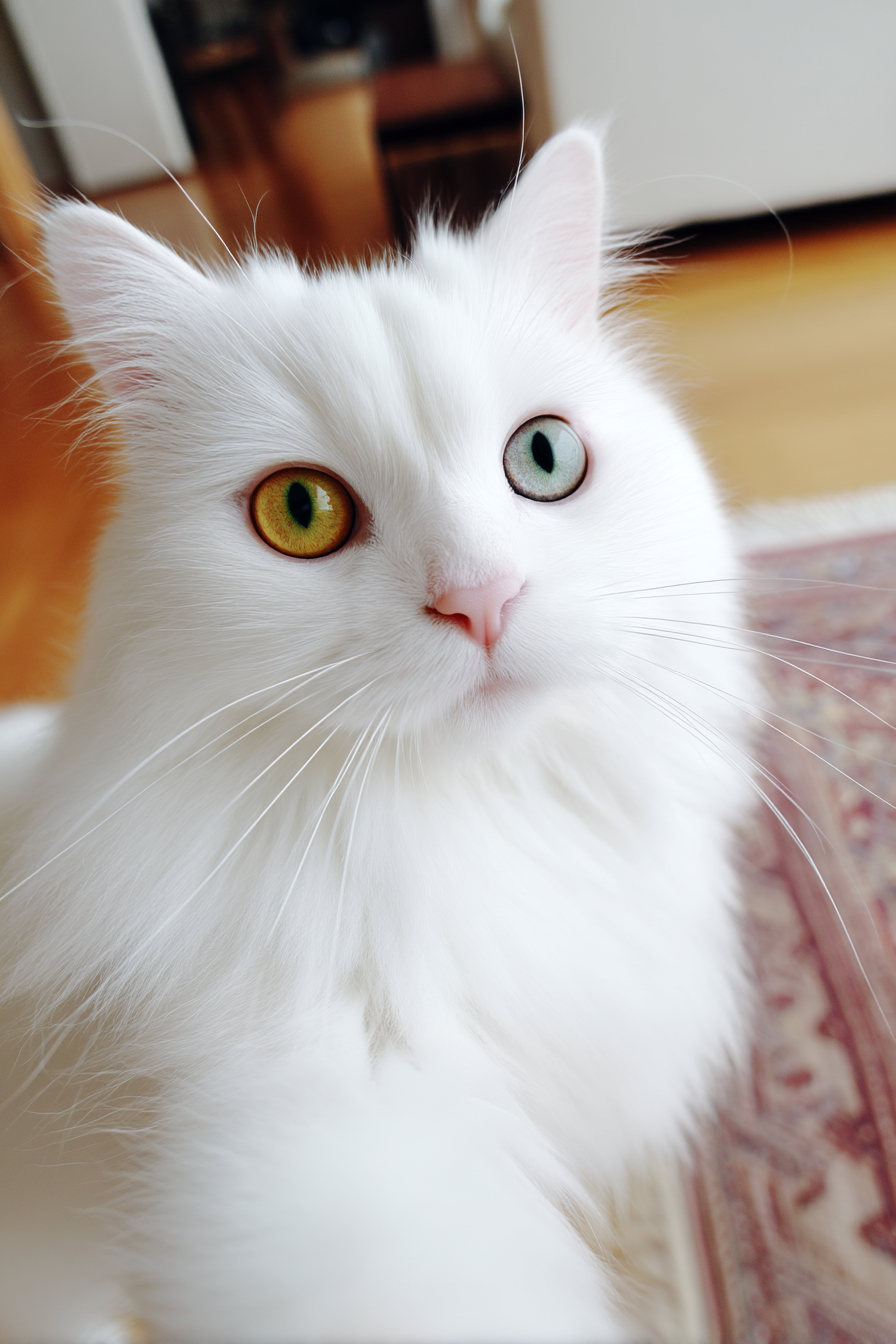 一只毛茸茸的白色Khao Manee猫自拍，拥有异色瞳和明亮的室内环境。