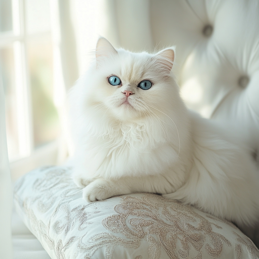 Un bonito gato persa blanco con ojos azules sentado en un cojín elegante en una habitación bien iluminada.