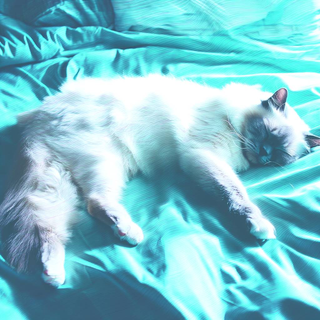 一只昏昏欲睡的布偶猫躺在床上。