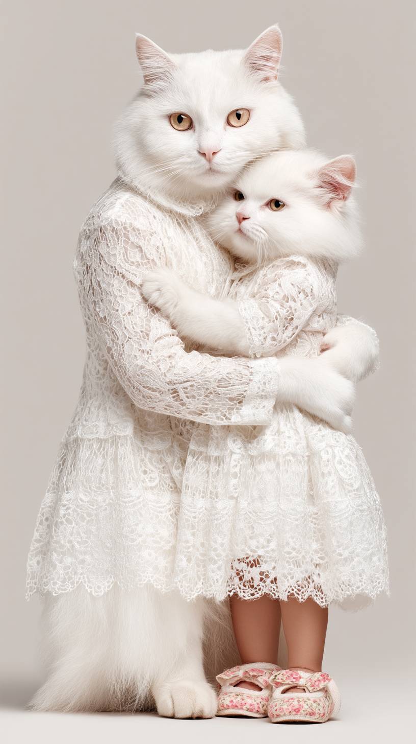 Una madre gata blanca vestida con un vestido y zapatillas abraza a su hija gata vestida igual. 