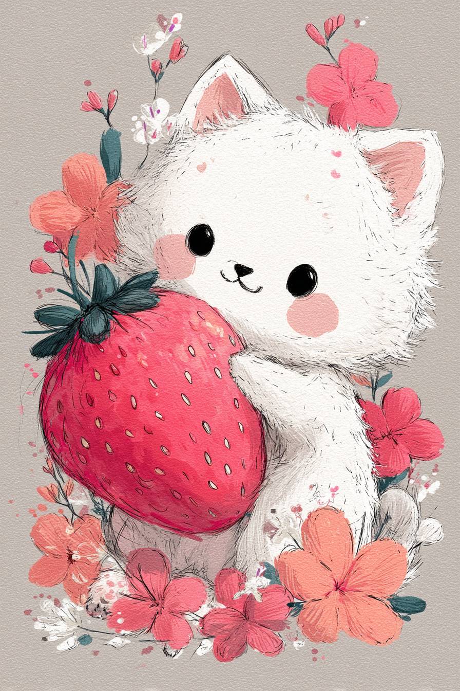 Un lindo gatito blanco sosteniendo una fresa gigante rodeado de flores rosas.