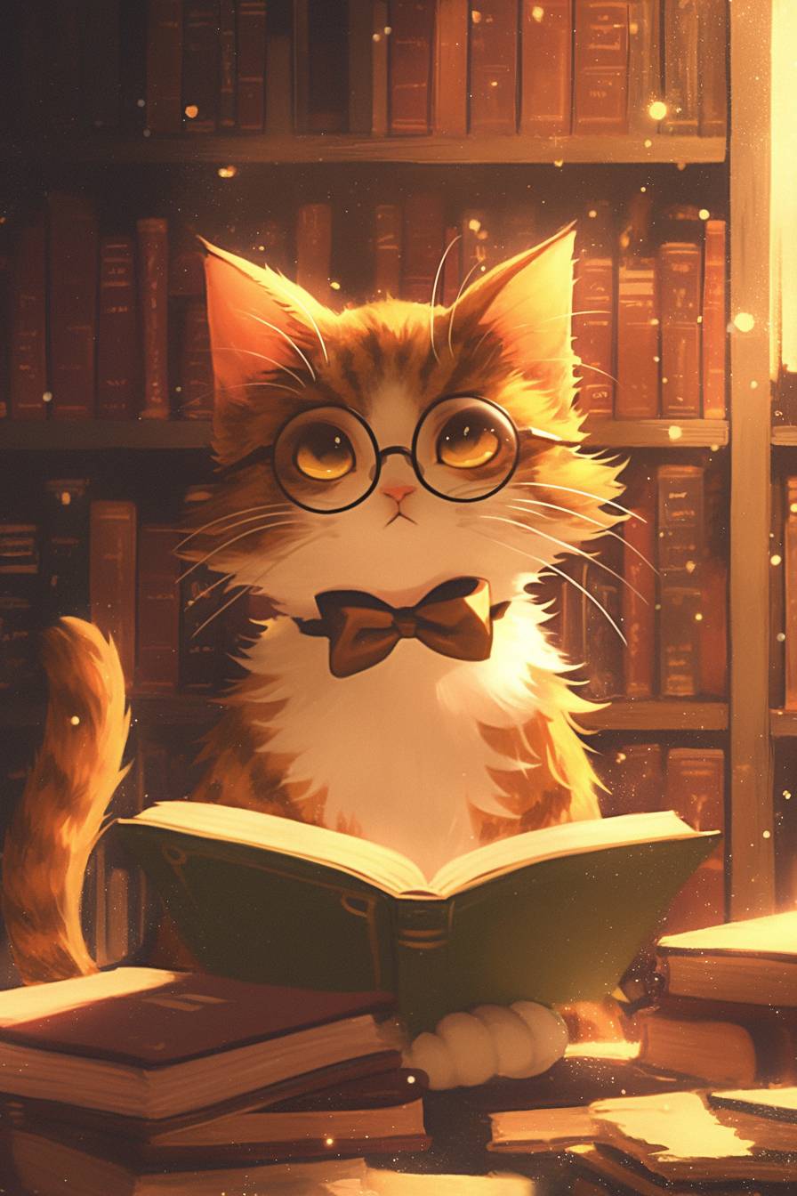 Un gato sofisticado con pajarita y gafas lee un libro en una acogedora biblioteca.