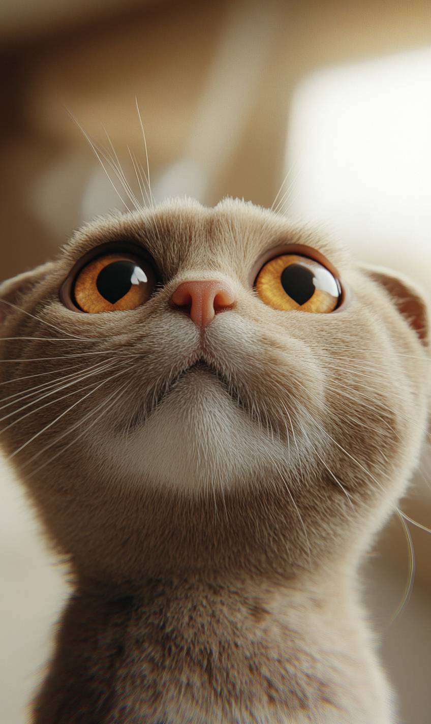 Un selfie de un juguetón Scottish Fold con una expresión curiosa y suave luz interior.