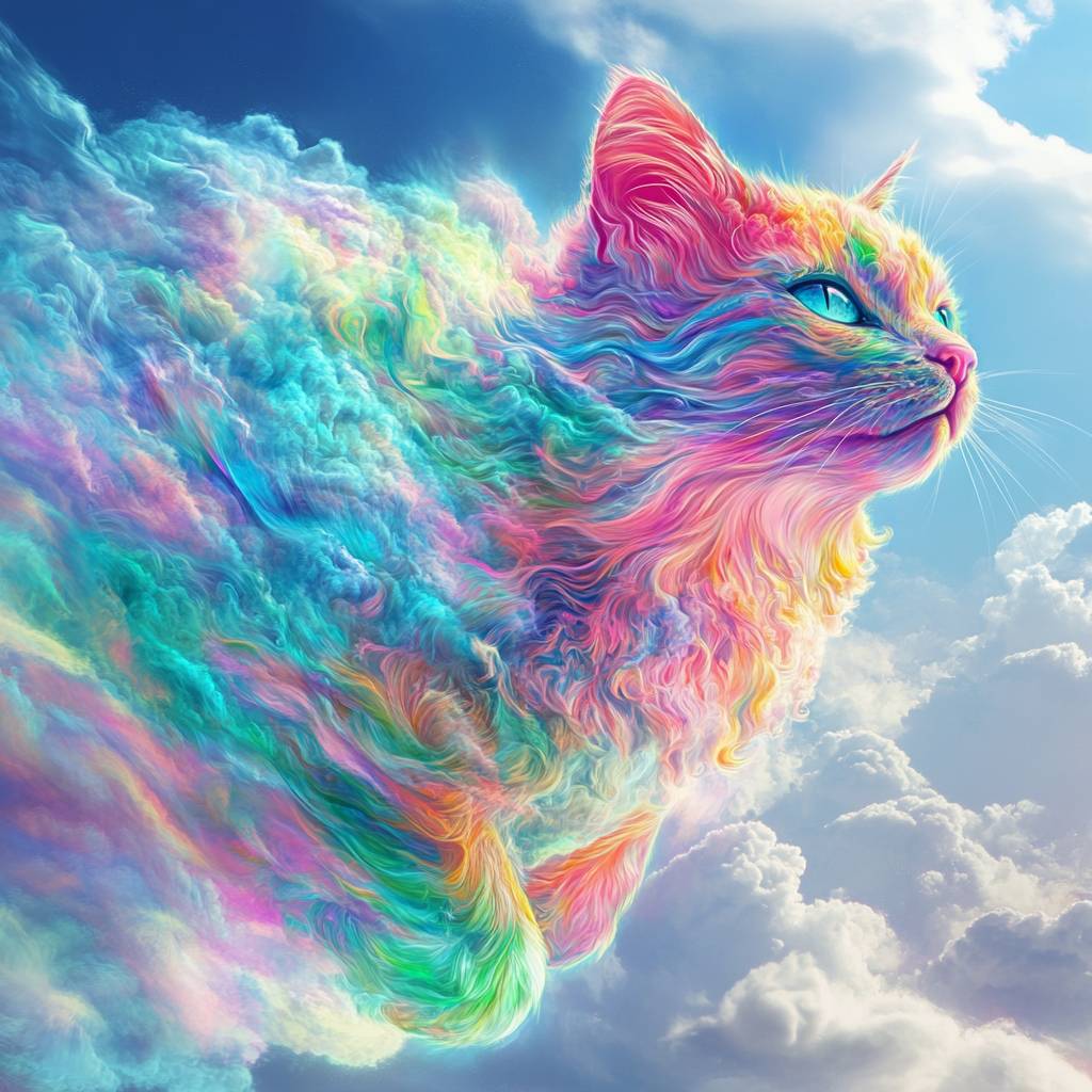 Eine surrealistische Katze mit regenbogenfarbigem Fell, die in einem traumhaften Himmel schwebt, inspiriert von Salvador Dalís abstrakter Kunst.