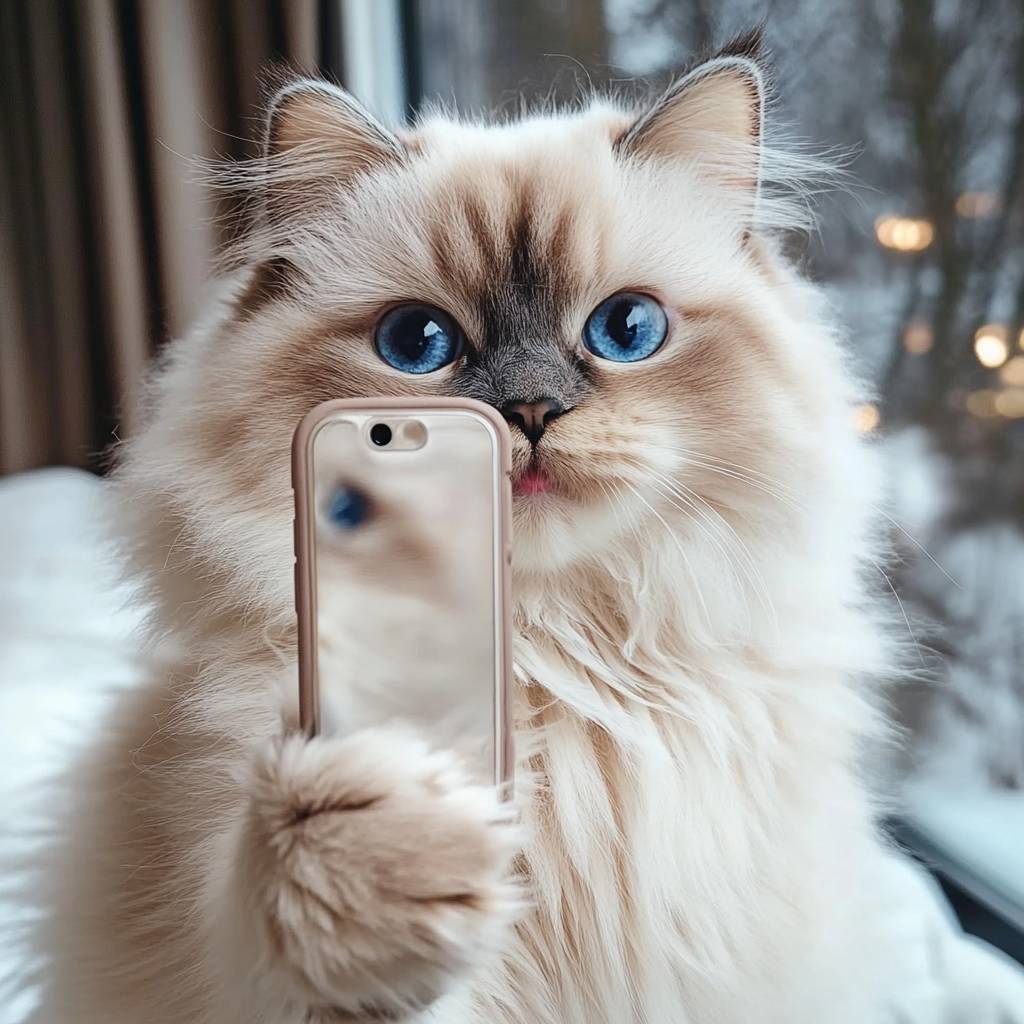 Un gato himalayo esponjoso está tomando un selfie en un ambiente cálido y acogedor.