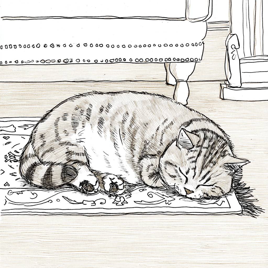 Un gato atigrado gordito está durmiendo sobre una alfombra.
