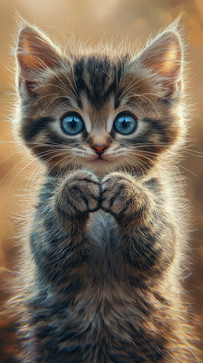 Una linda gatita atigrada gris formando un corazón con sus patas.