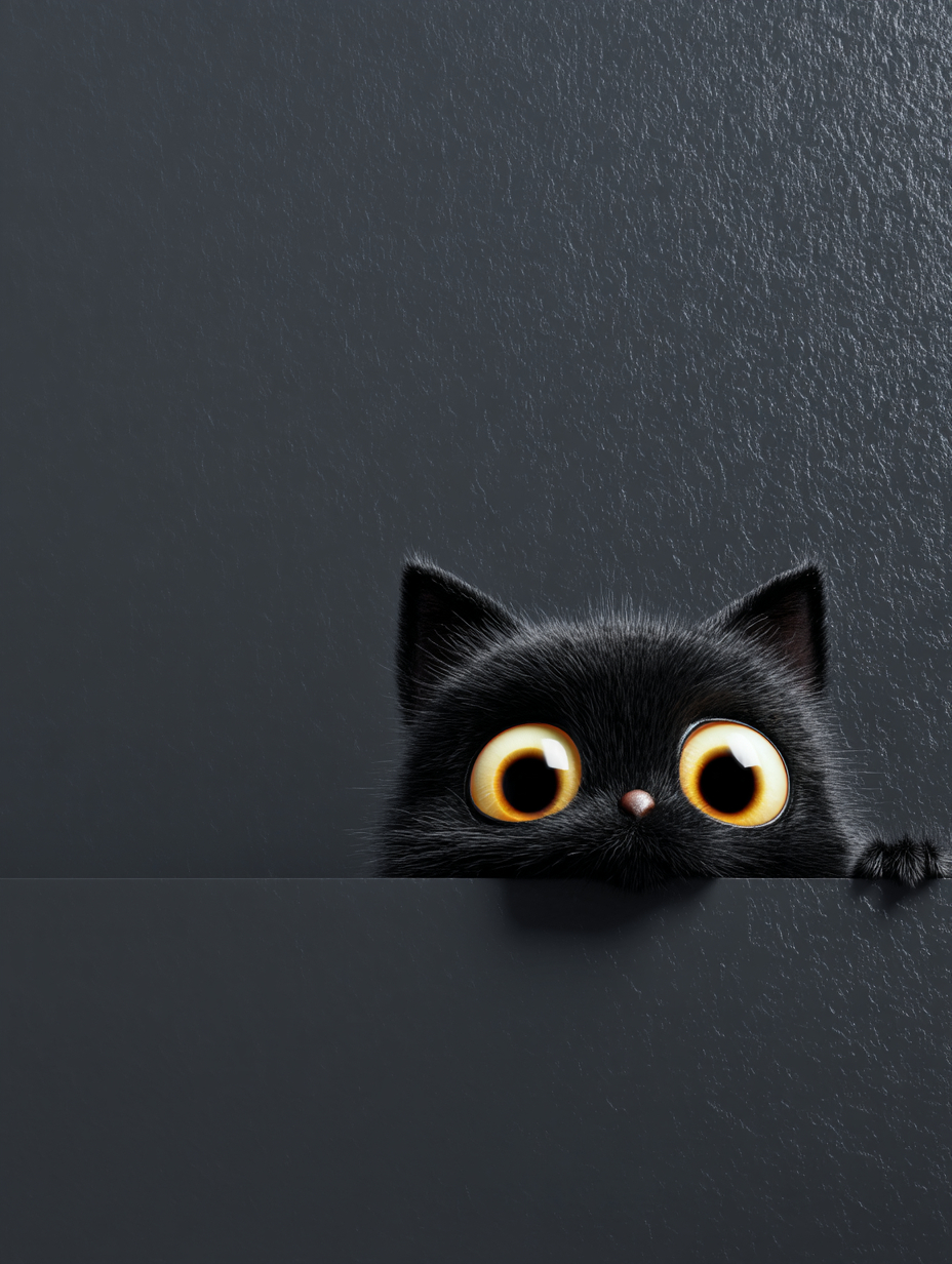 Un lindo gato negro asoma desde un fondo negro puro, mostrando ojos grandes y una expresión juguetona.