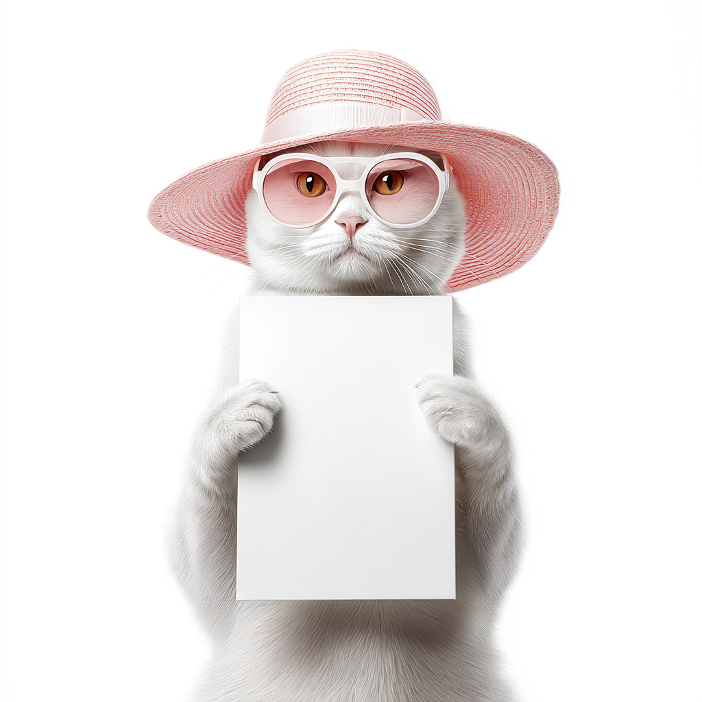 Un elegante gato blanco de pelo corto de pie, con un sombrero rosa y gafas de sol blancas, sosteniendo una pizarra blanca.