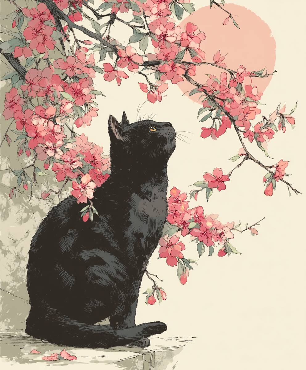 Japanische Katze und Kirschblüten