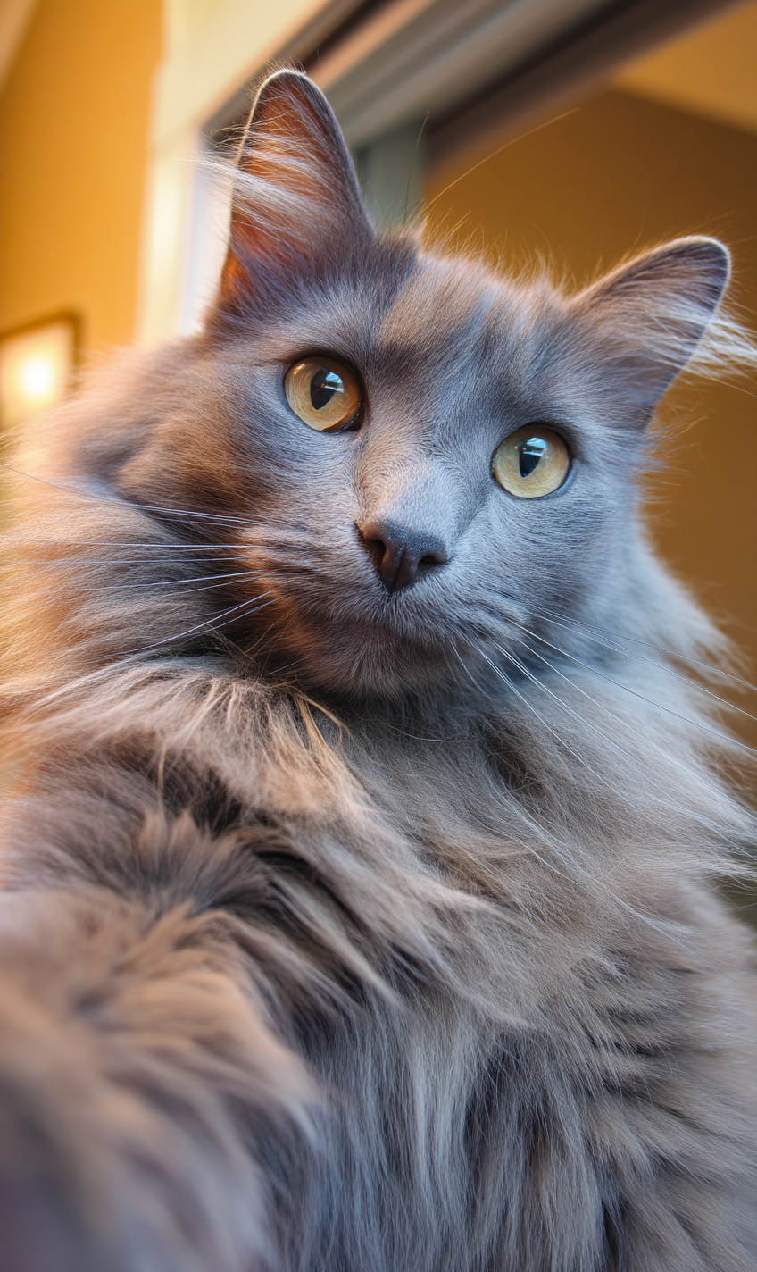 Una selfie de un esponjoso gato Nebelung, mostrando su pelaje azul-gris en una suave luz natural.