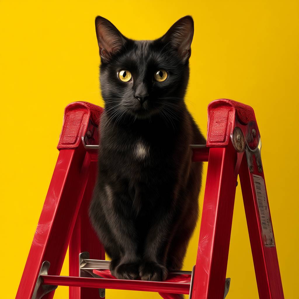 Un gato negro hiperrealista junto a una escalera roja en un fondo amarillo brillante.