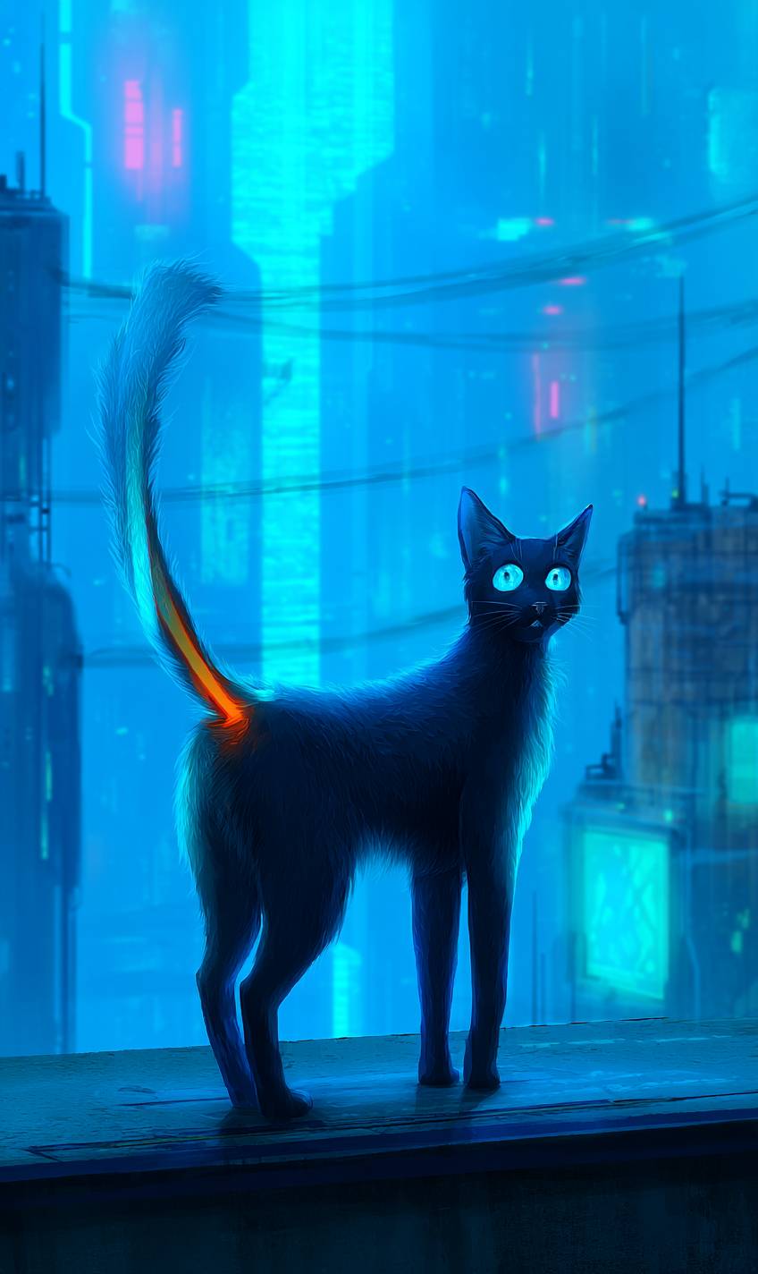 Un gato de pelaje azul con una estética de anime futurista y una cola cibernética brillante, de pie en un techo iluminado con neón, con un paisaje urbano de ciencia ficción detrás.