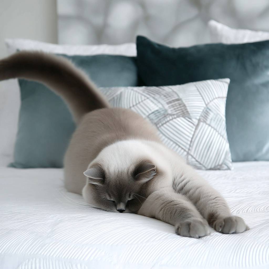 Un chat gris duveteux s'étire adorablement.