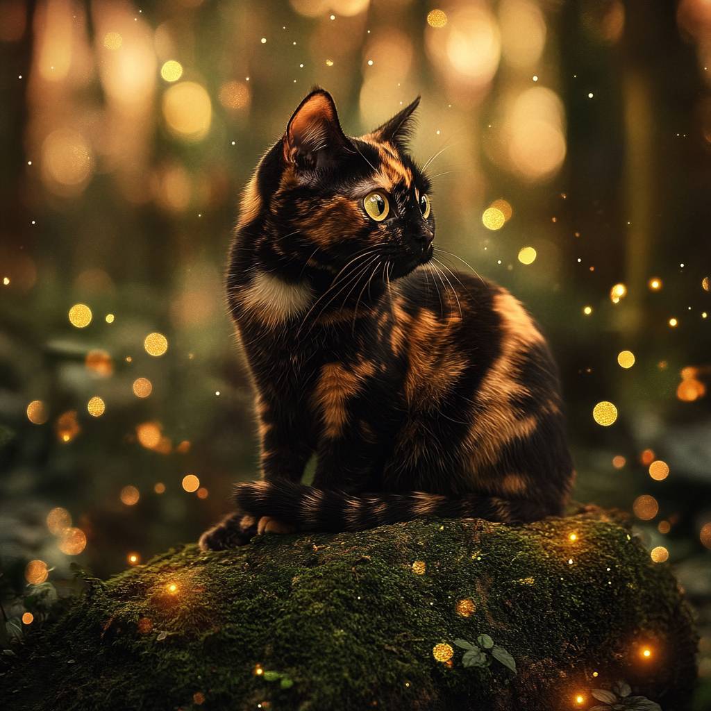 Un gato carey se sienta sobre una piedra cubierta de musgo en un bosque encantado, con luces de hadas parpadeantes.