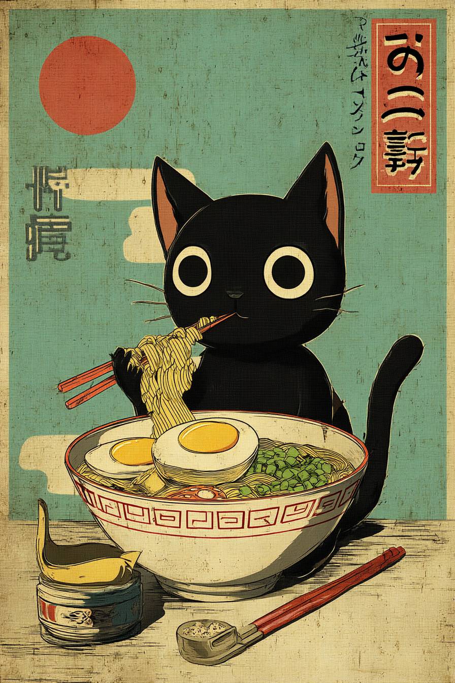 Kawaii black cat eating ramen with chopsticks, vintage poster style inspired by Hayao Miyazaki and Jujutsu Kaisen.