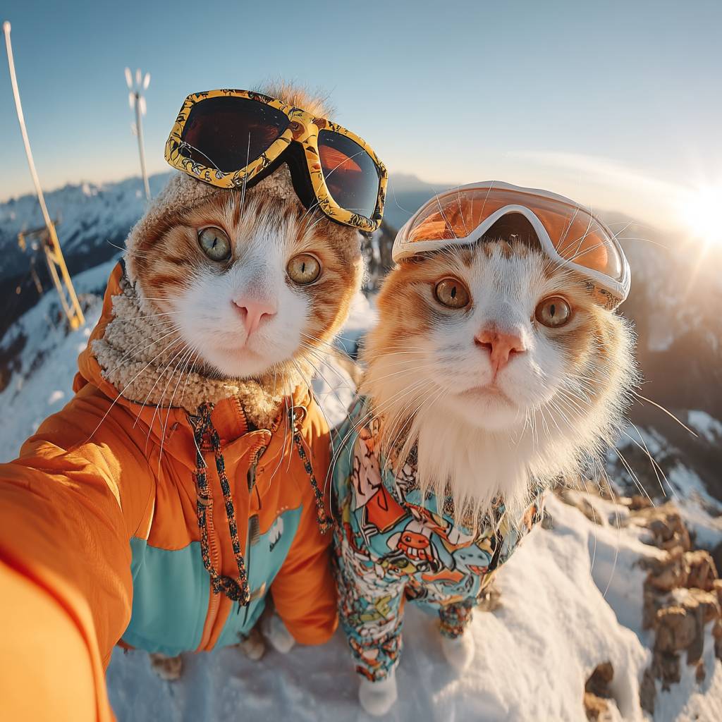 Dos gatos vestidos con trajes de esquí están tomando una selfie en la cima.