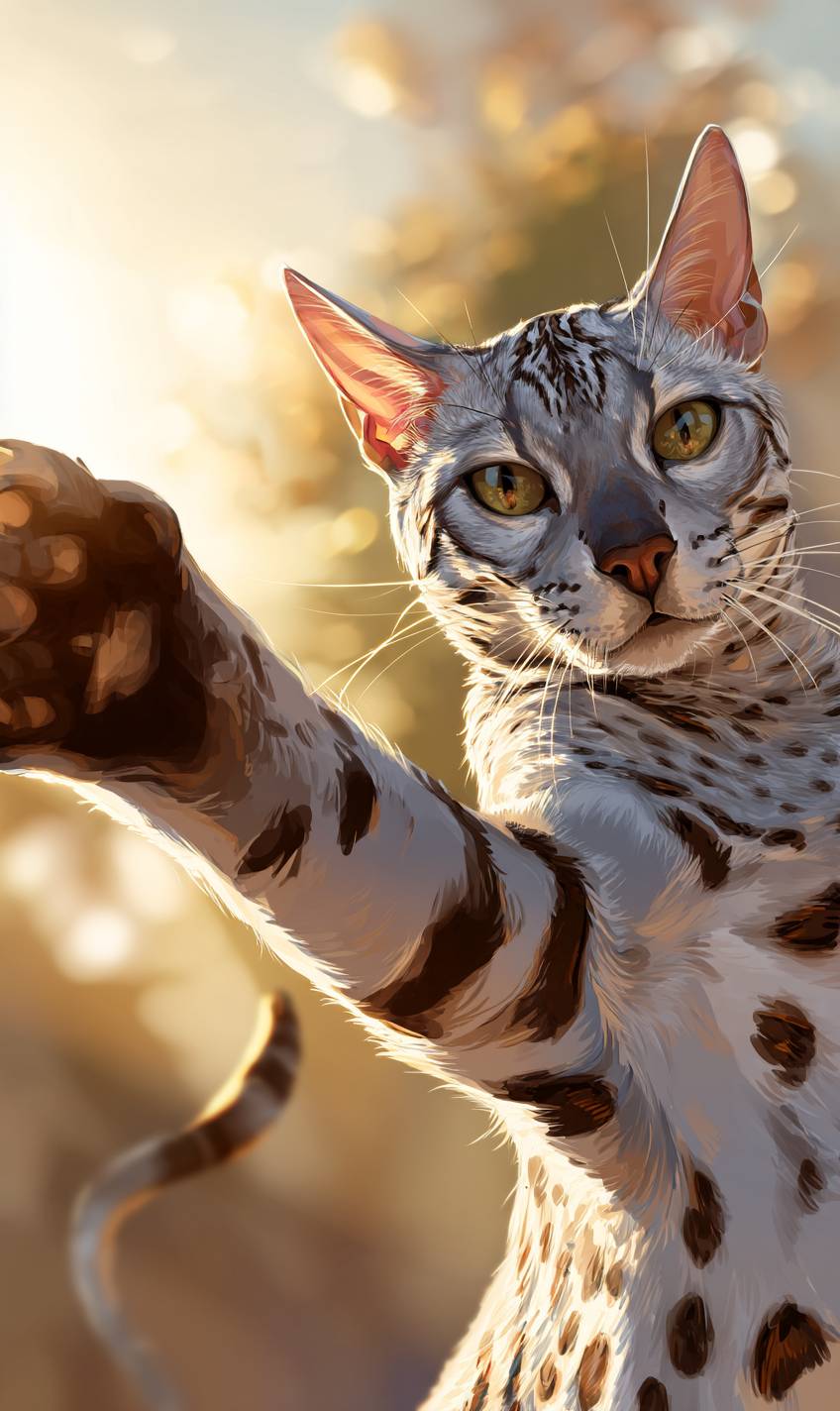 A sleek Egyptian Mau cat taking a selfie in golden hour light.