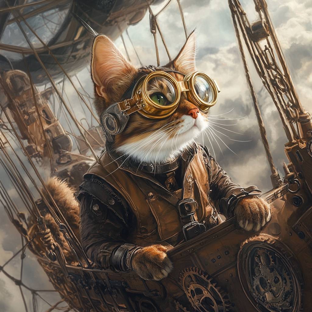 Un gato steampunk con gafas de bronce y chaleco de cuero, sentado en un dirigible lleno de engranajes.