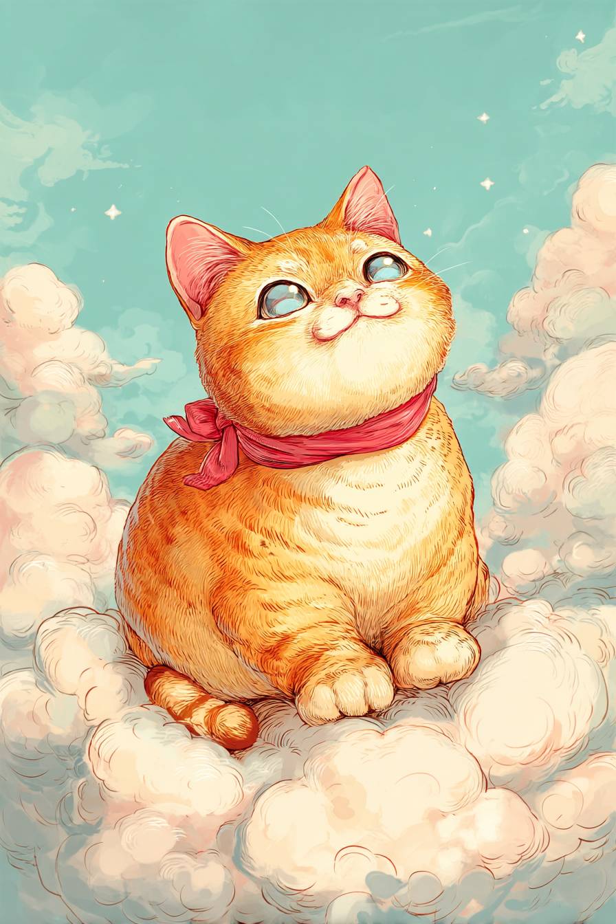 Un gato atigrado anaranjado con una bufanda roja está sentado en una nube.