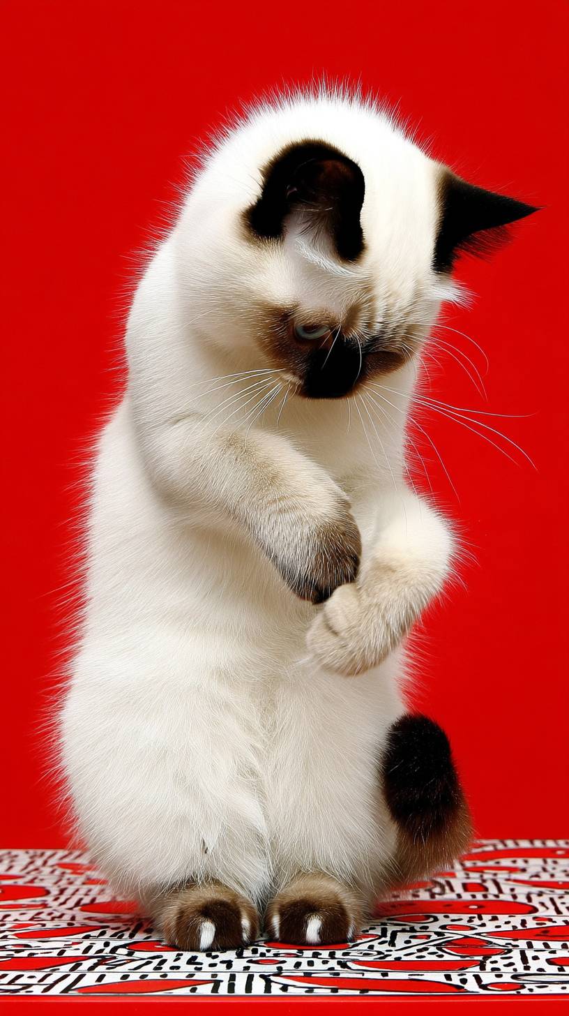 Um delicado gato Birman está se limpando.
