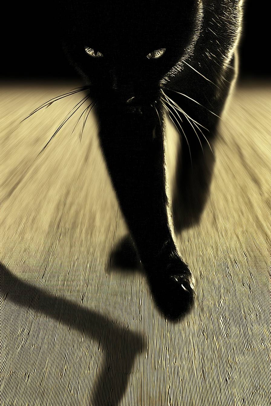 遊び心のある黒猫が影を追いかけている。